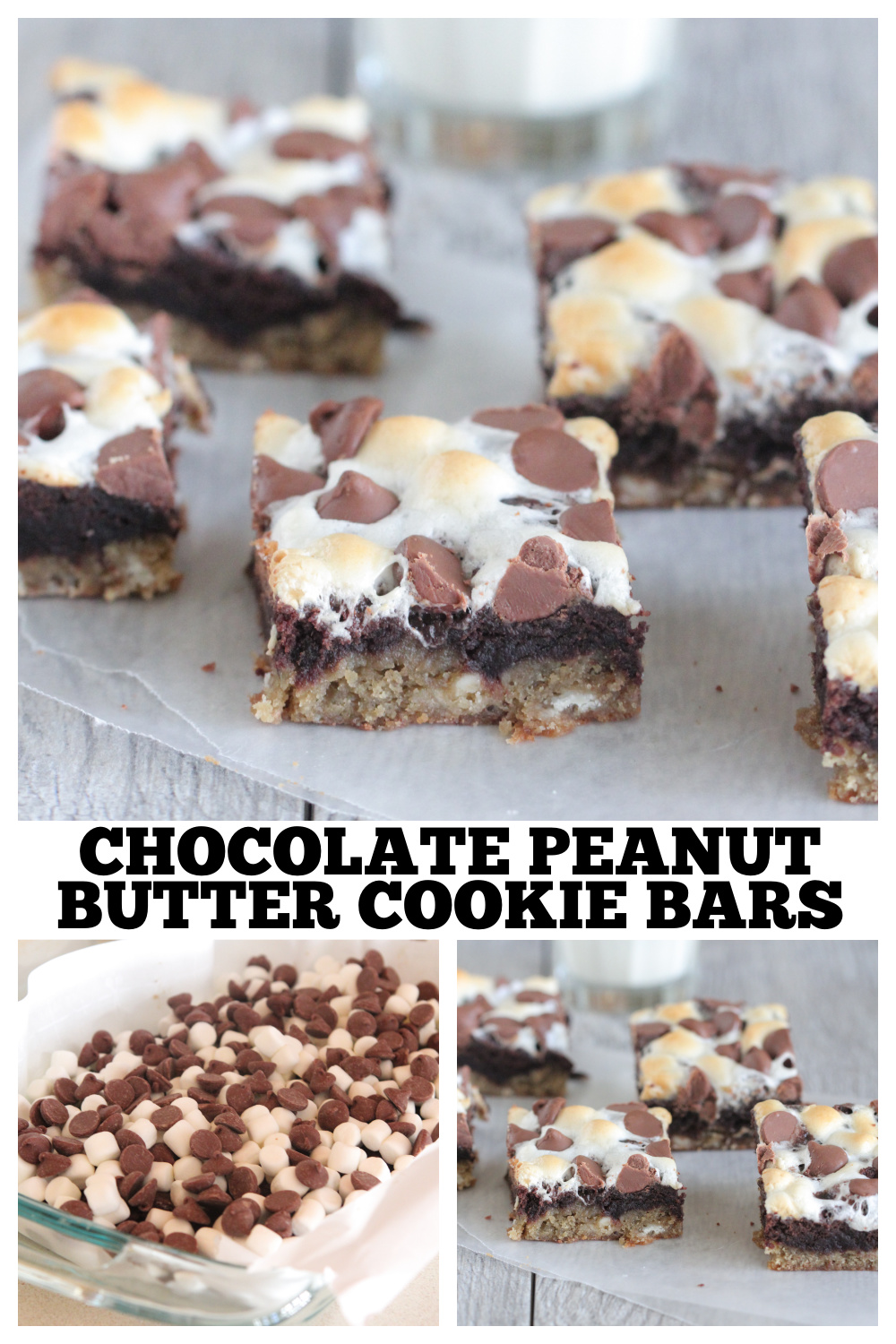 photo collage of chocolate peanut butter cookie bars