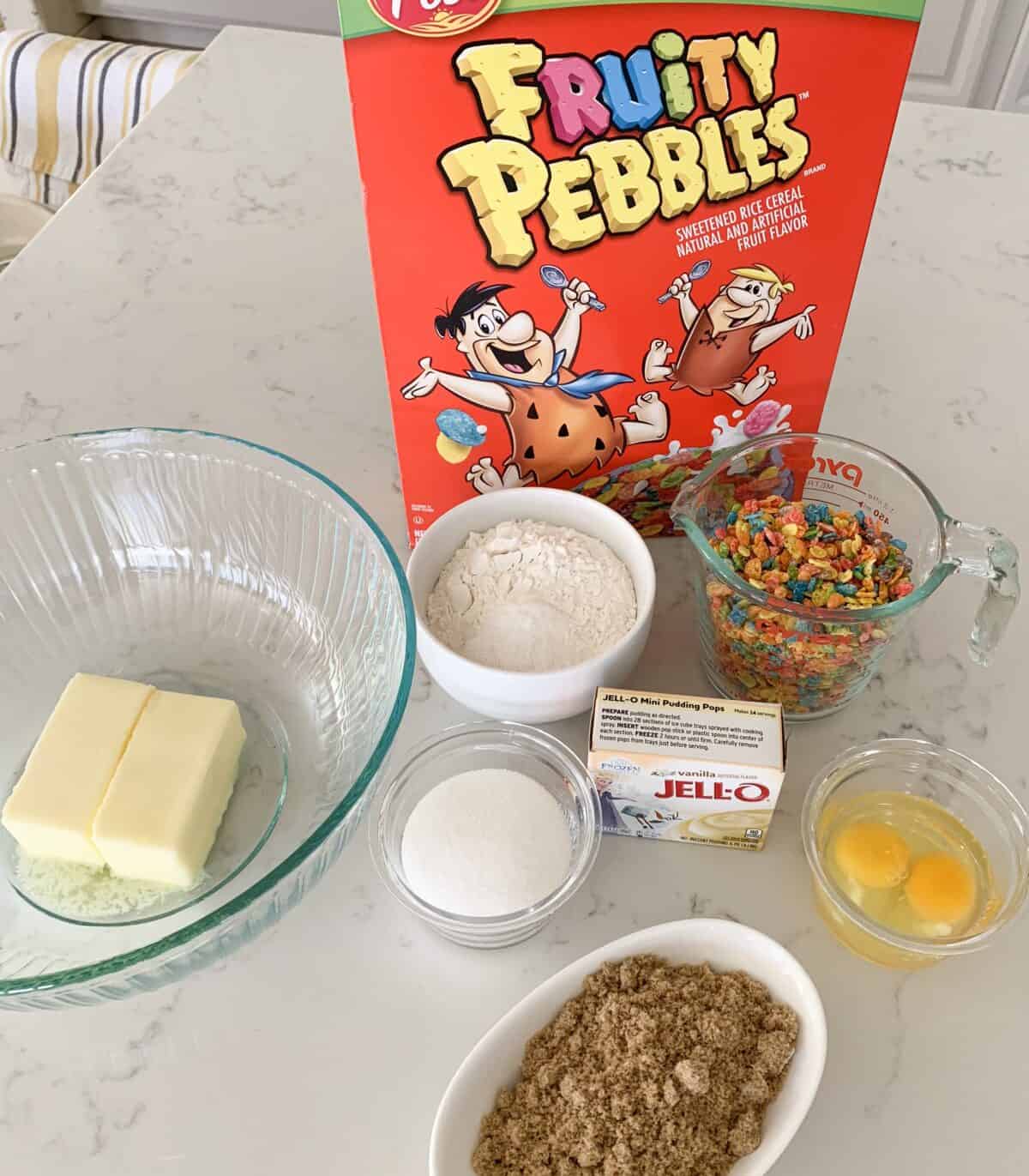 ingredients for fruity pebbles cookies bar on counter top