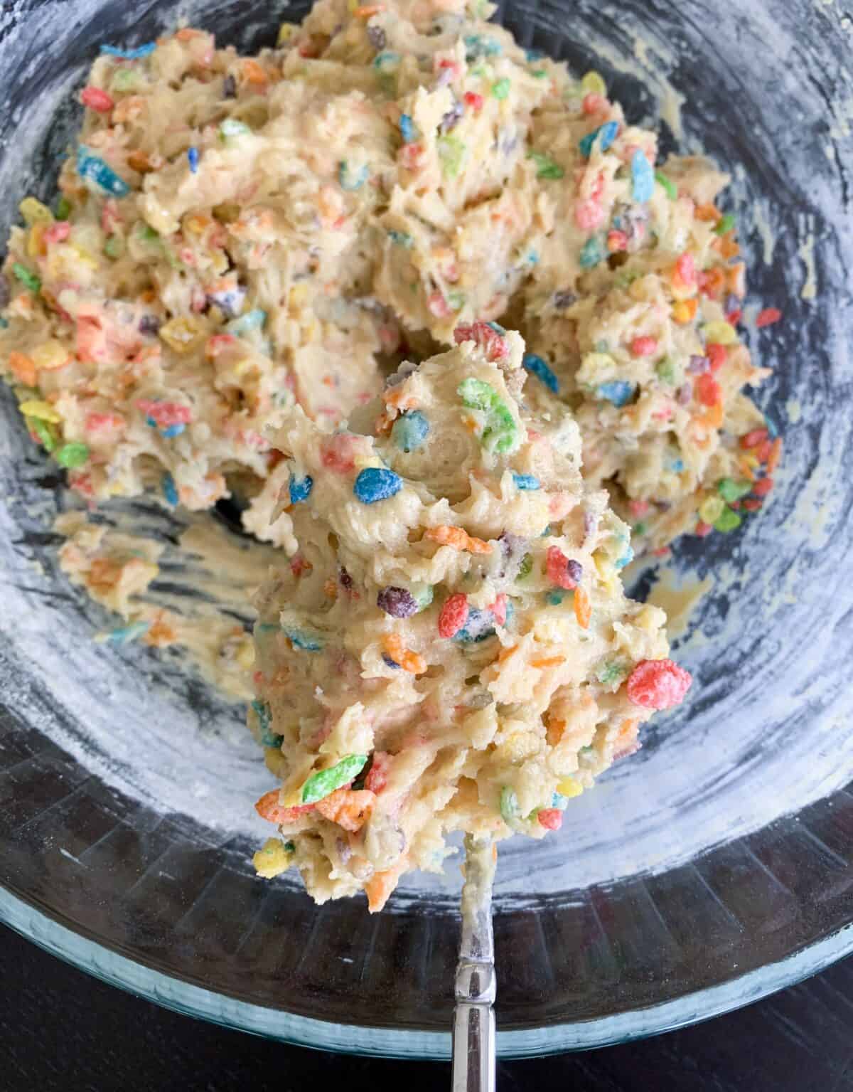 fruity pebbles cookie dough in mixing bowl