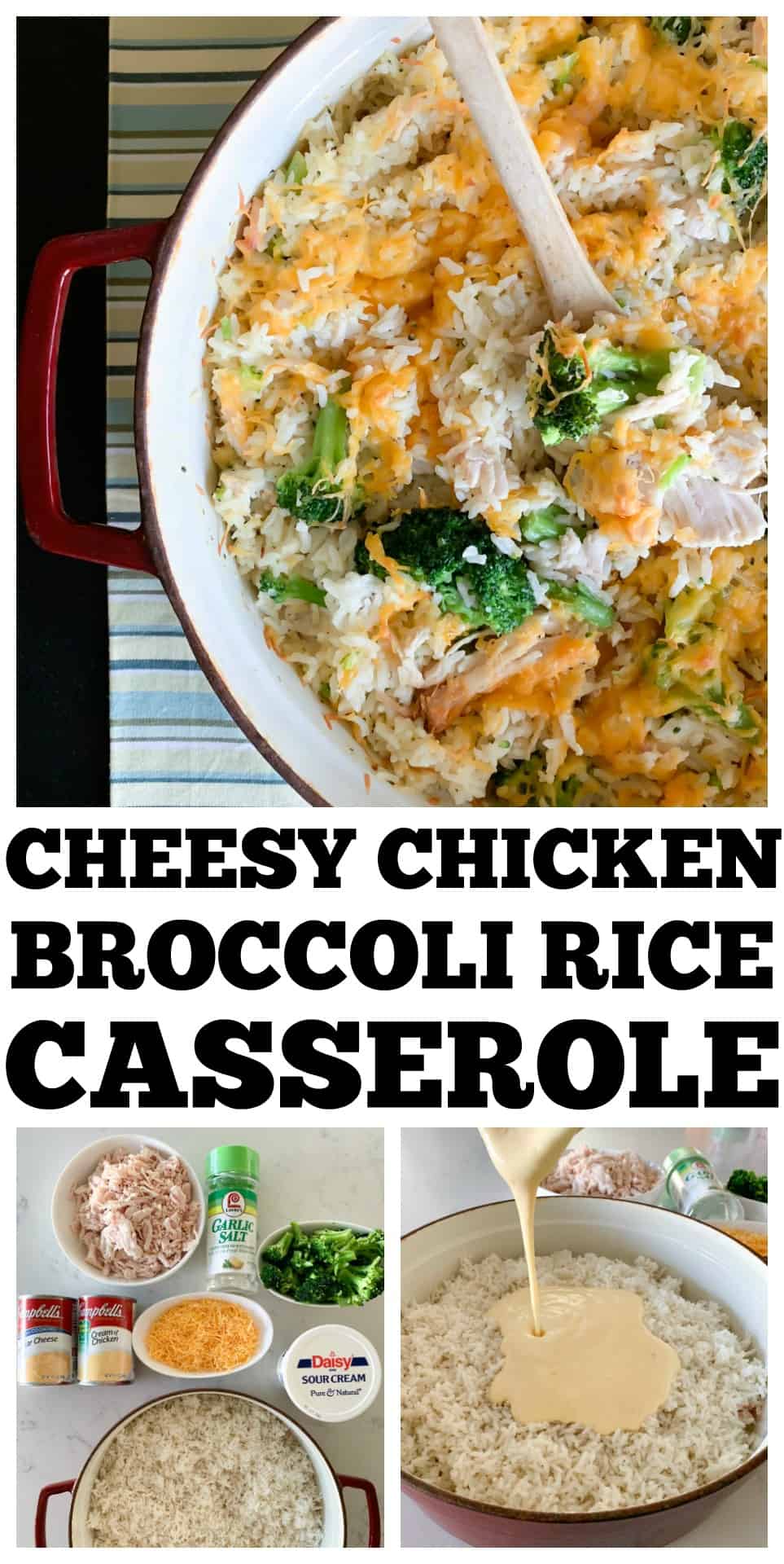 photo collage of cheesy chicken rice casserole