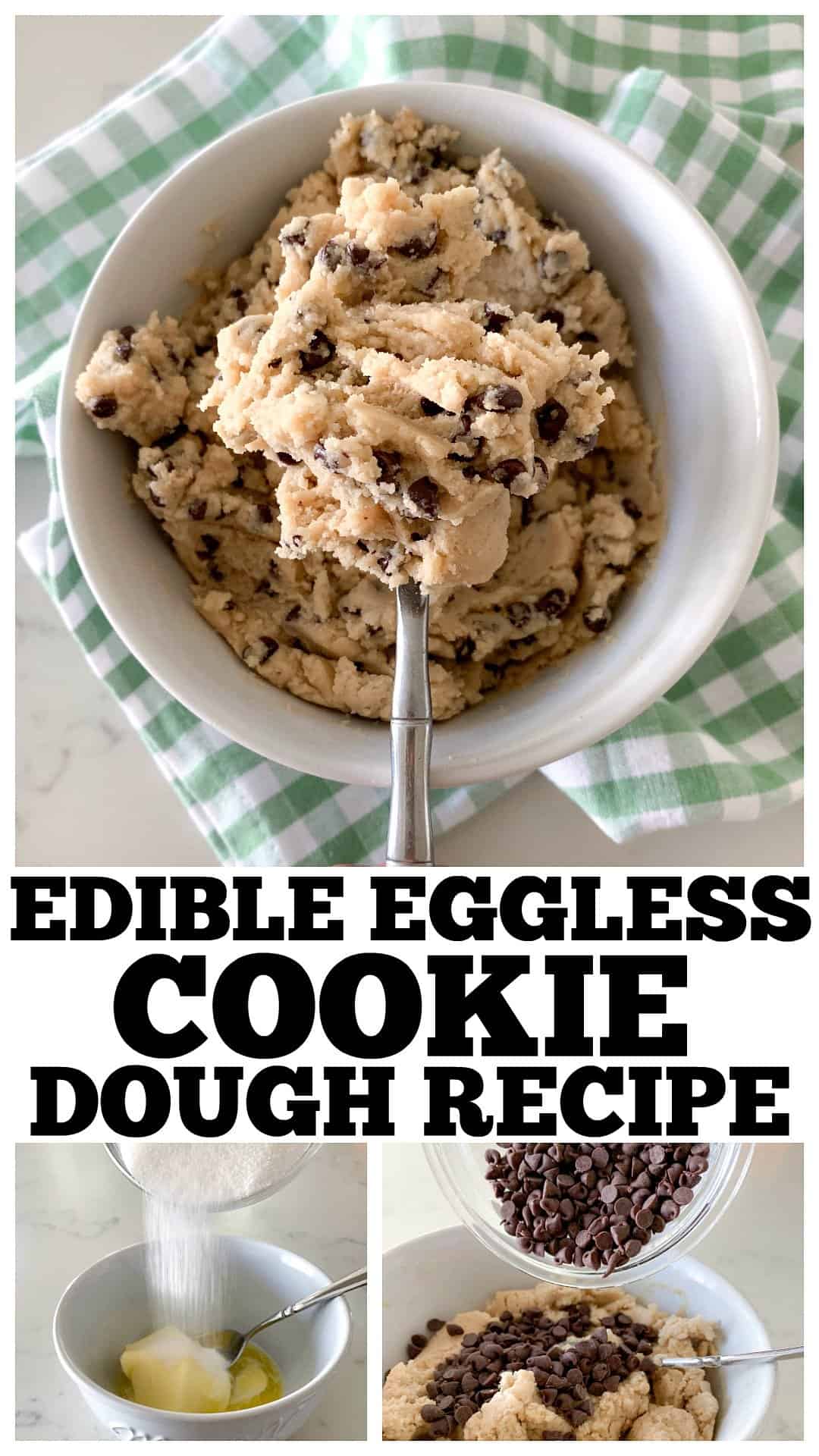 photo collage of edible cookie dough images in white bowls