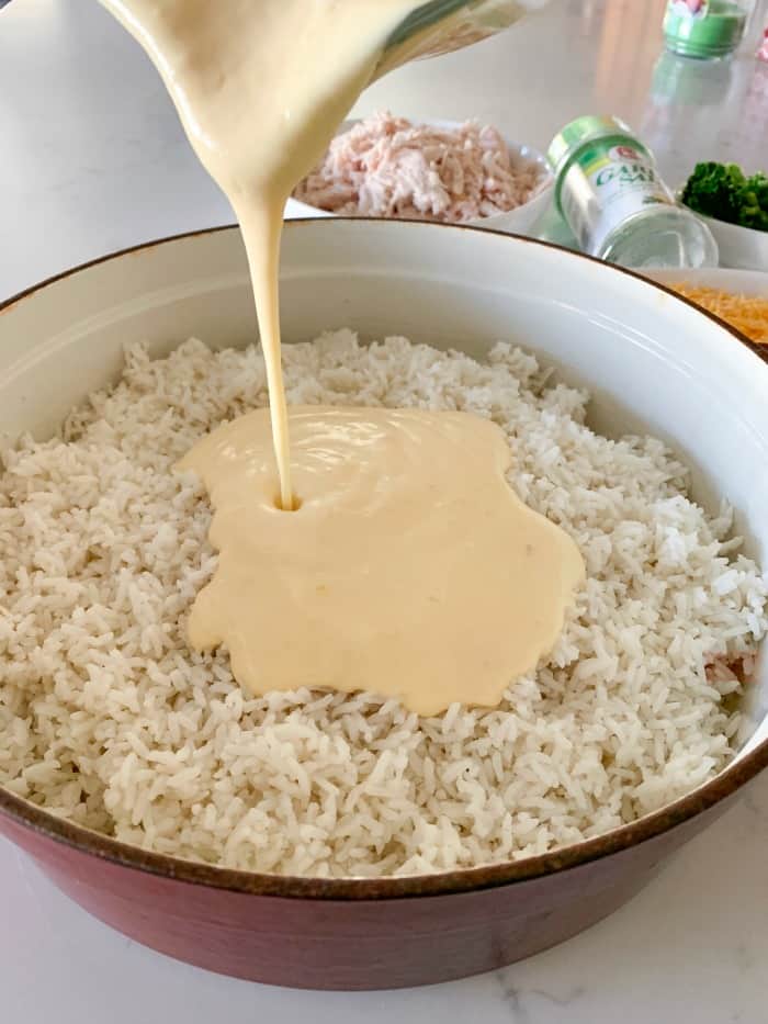 pour wet ingredients over rice mixture