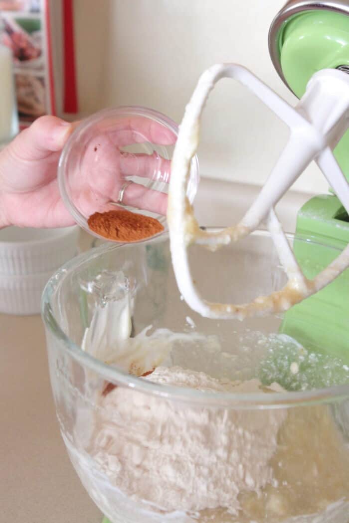 adding cinnamon to stand mixer for sheet cake recipe