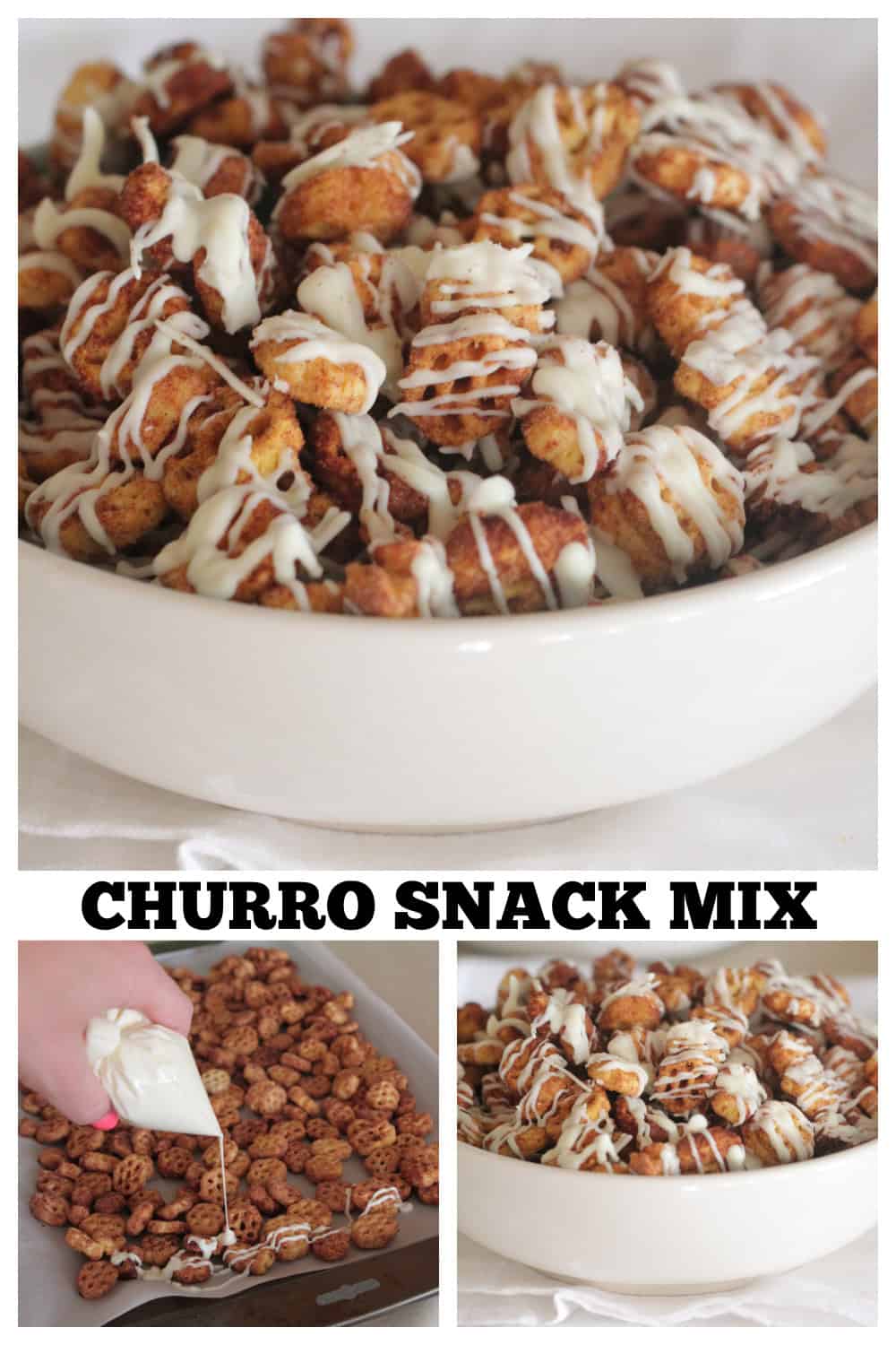 photo collage of churro snack mix