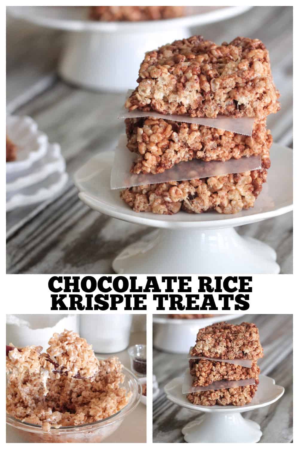 photo collage of chocolate rice krispie treats recipe