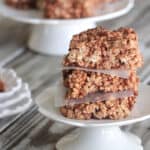 chocolate rice krispie treats recipe stacked on cake stand
