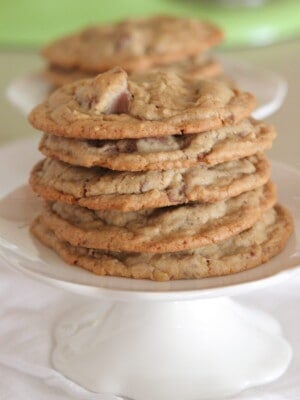 oatmeal cookies stacked on cake stand