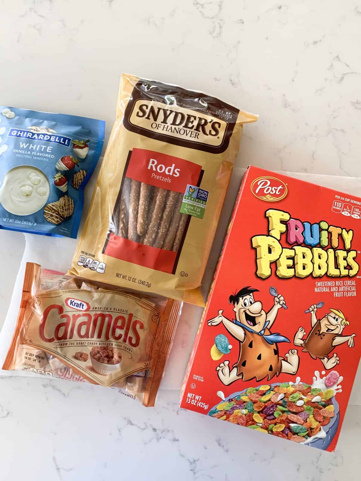 chocolate dipped pretzels ingredients on counter