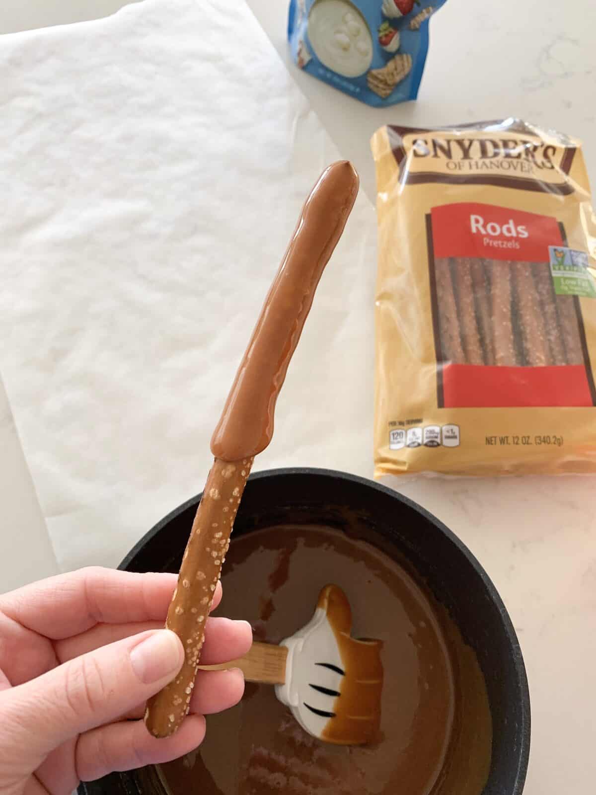 pretzel rod dipped in caramel