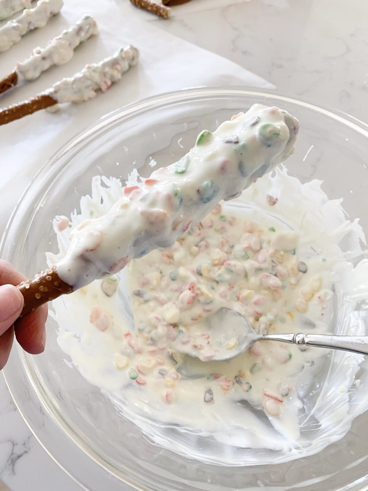 pretzel rods dipped in white chocolate