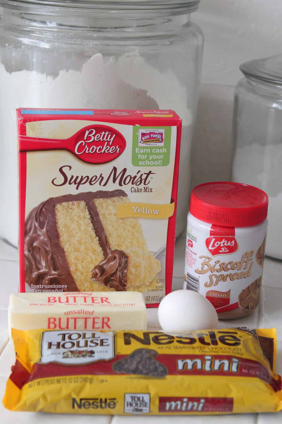 ingredients for cake mix bar cookies on counter