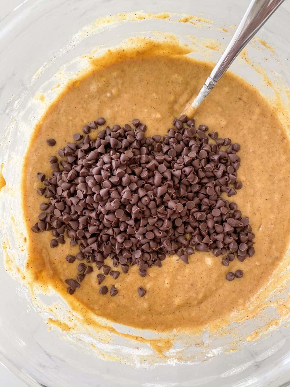 chocolate chips added to mixing bowl