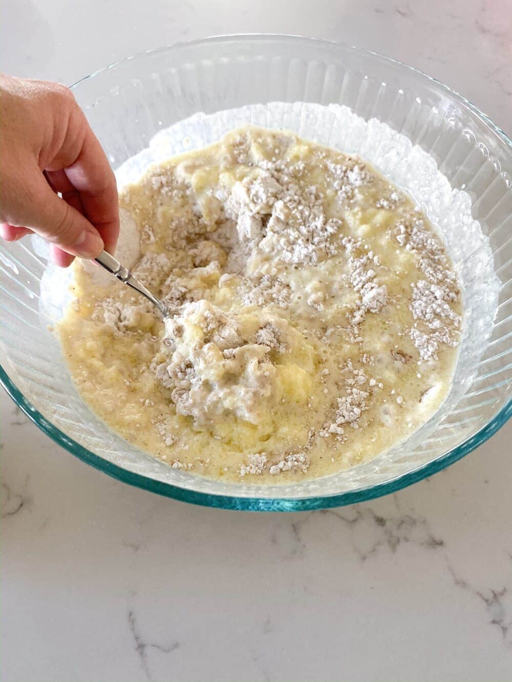 add wet ingredients to dry ingredients for pumpkin waffles