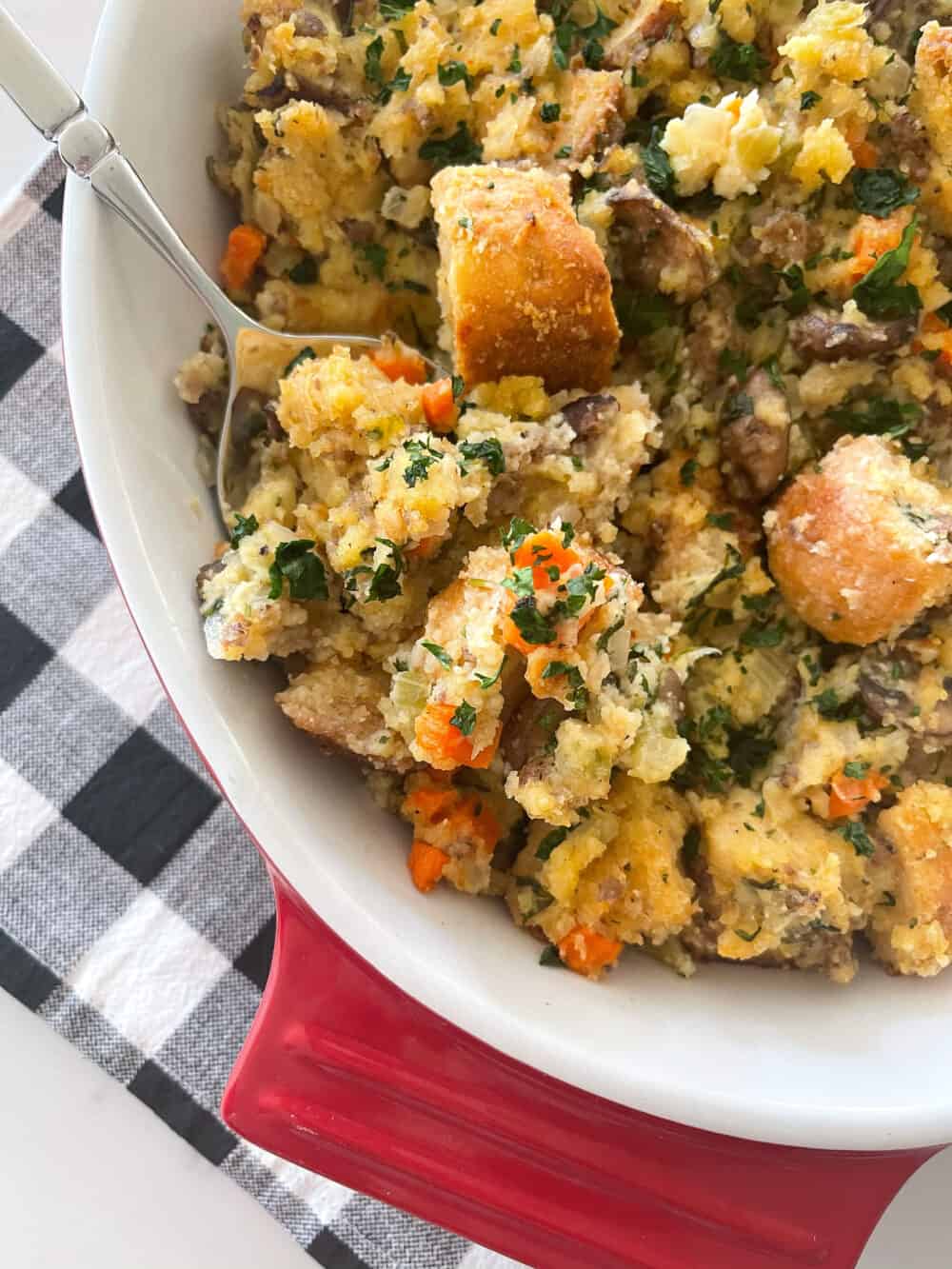cooked thanksgiving stuffing in baking dish