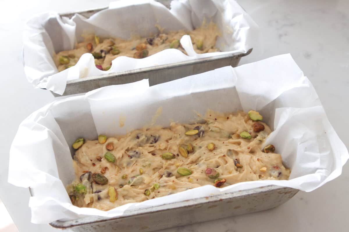 pistachio banana bread transferred to loaf pans