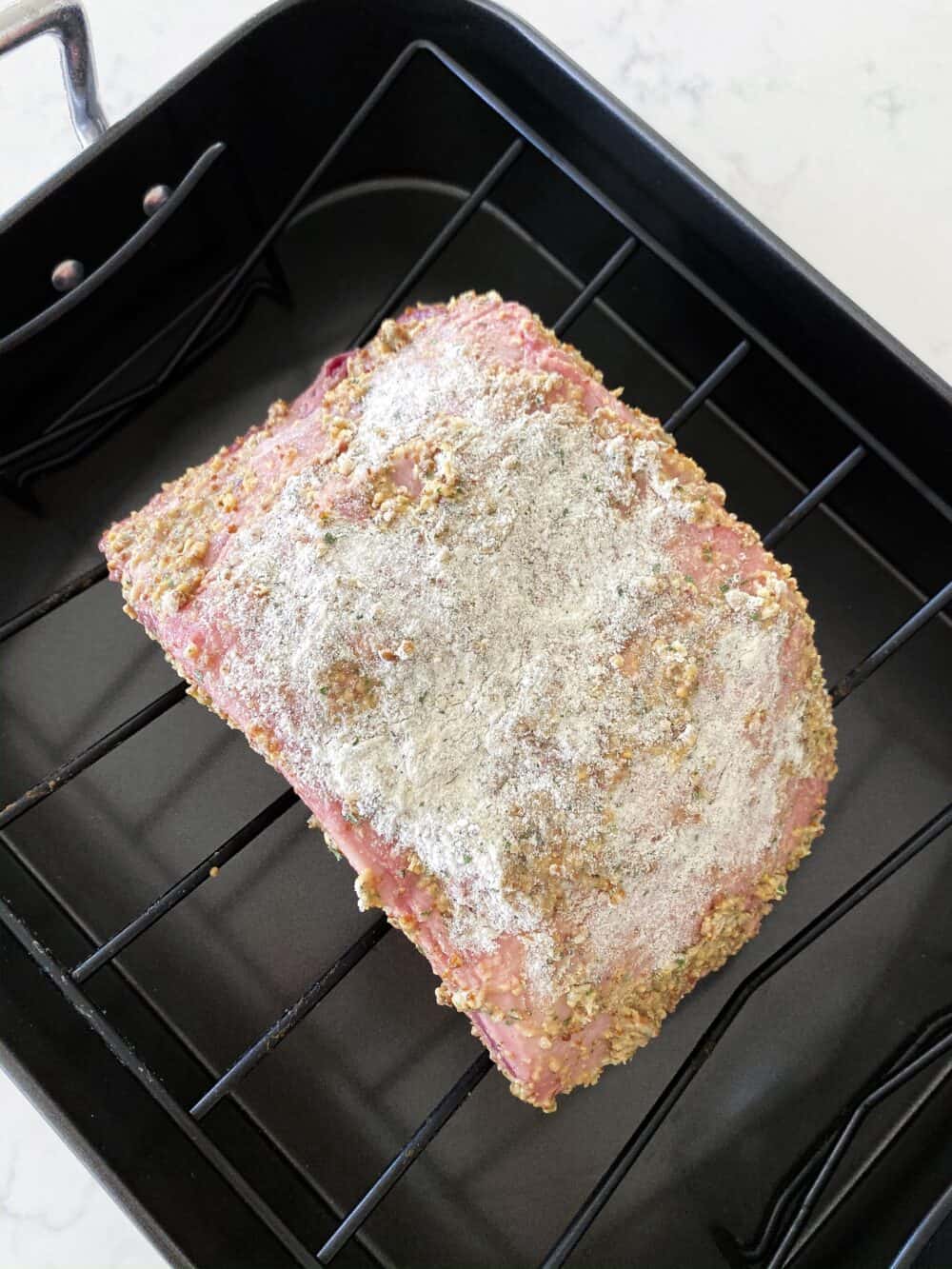 boneless prime rib recipe on roasting pan