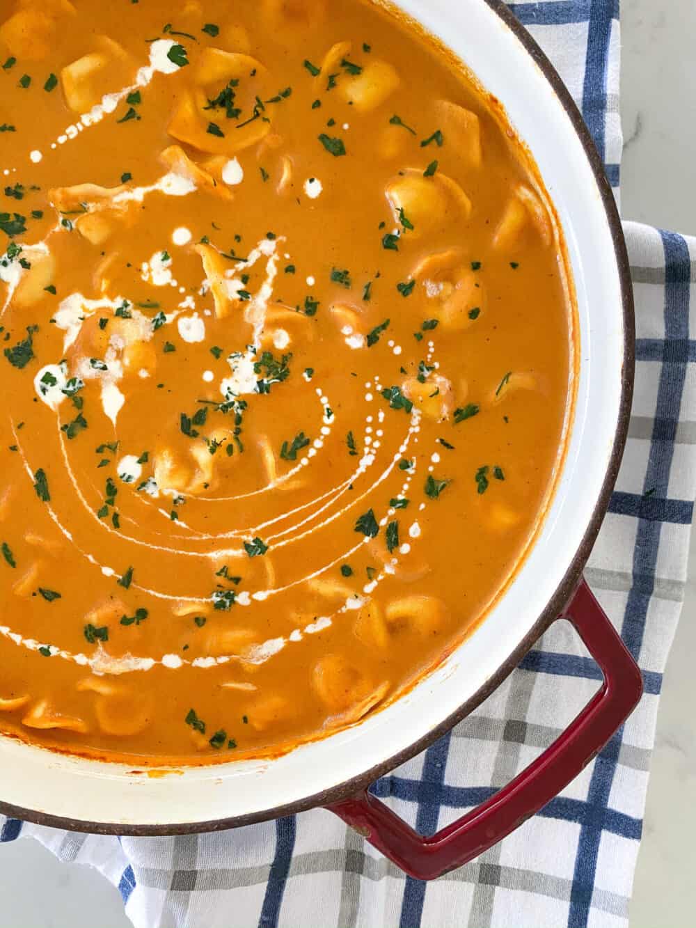 drizzle tomato bisque with heavy cream and sprinkle with basil