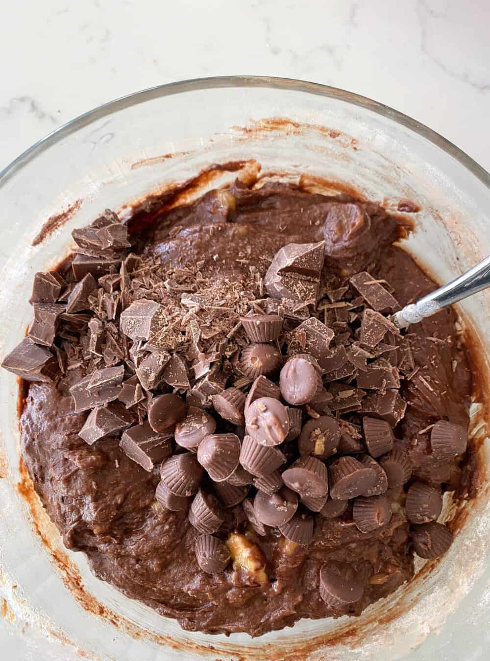 peanut butter cups added to mixing bowl