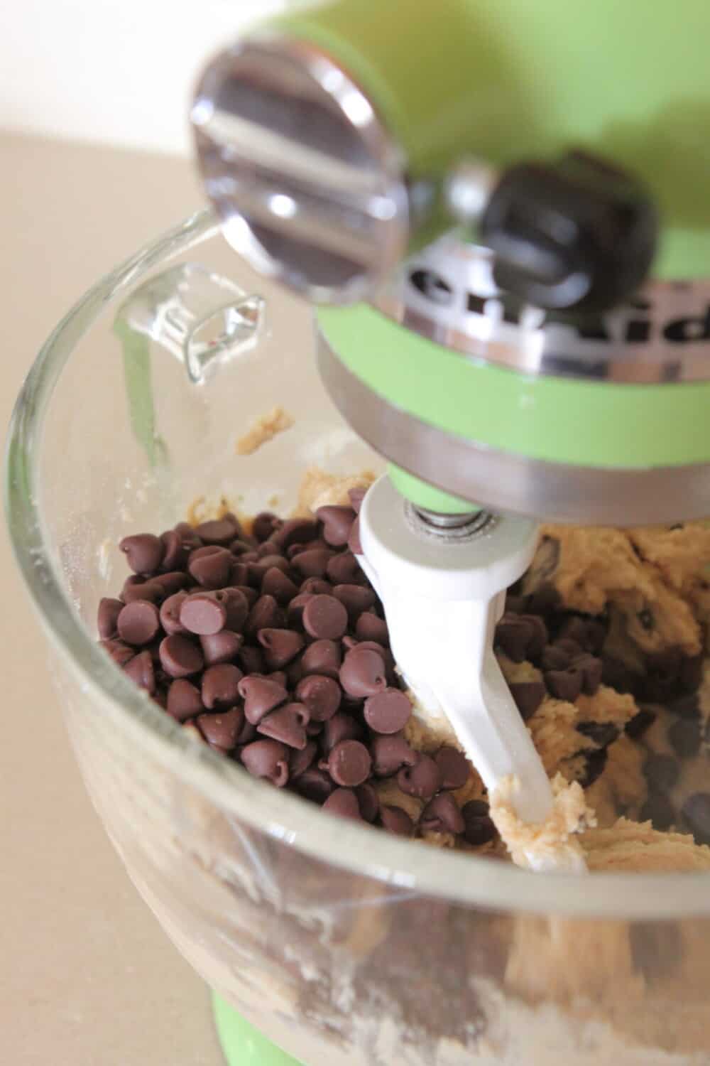 chocolate chips in mixing bowl