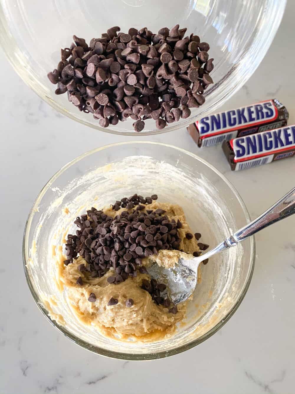 add chocolate chips to bowl for snickers cookies