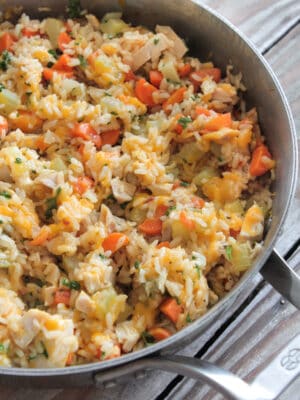 cheesy chicken and rice in skillet