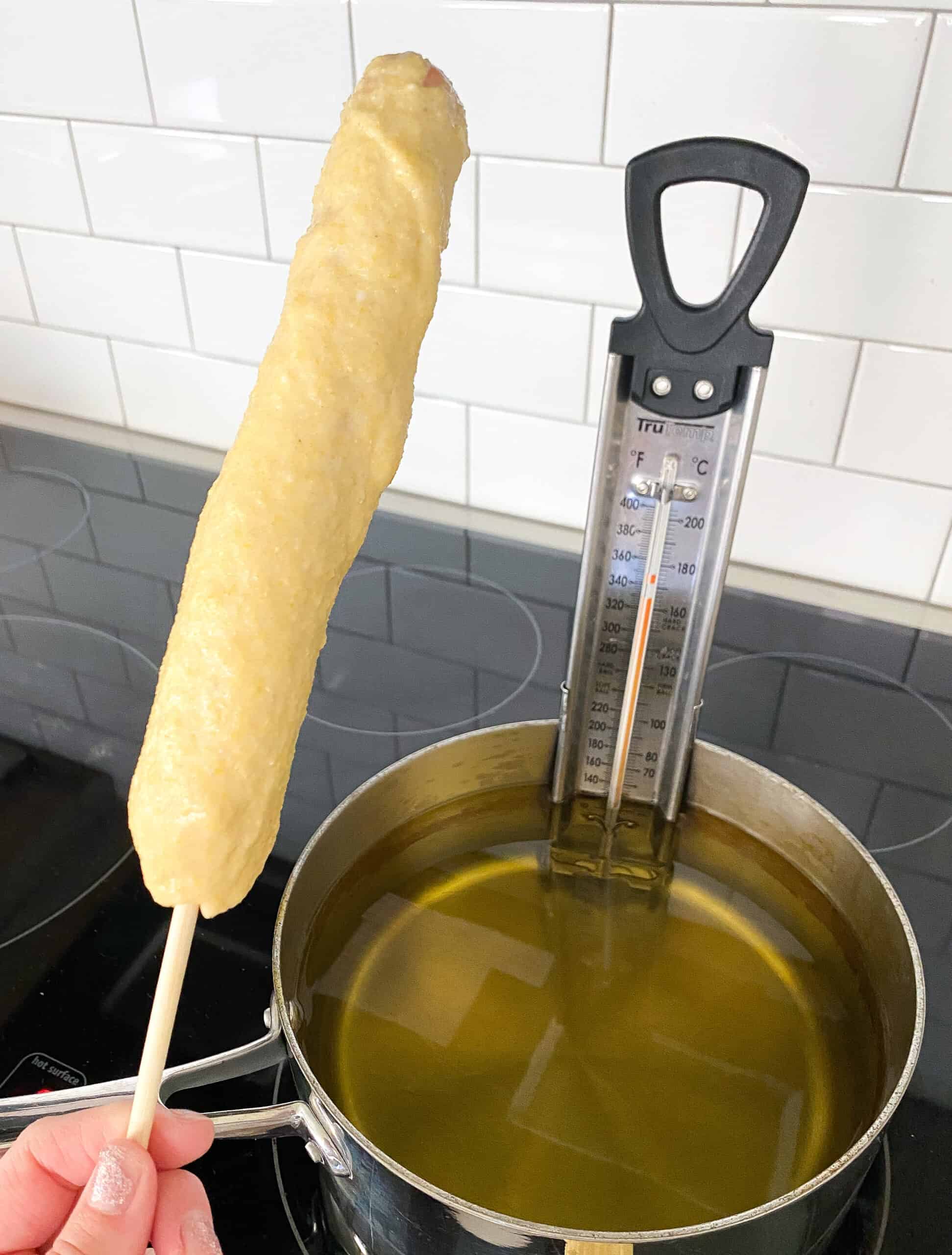 oil in saucepan for corn dog recipe