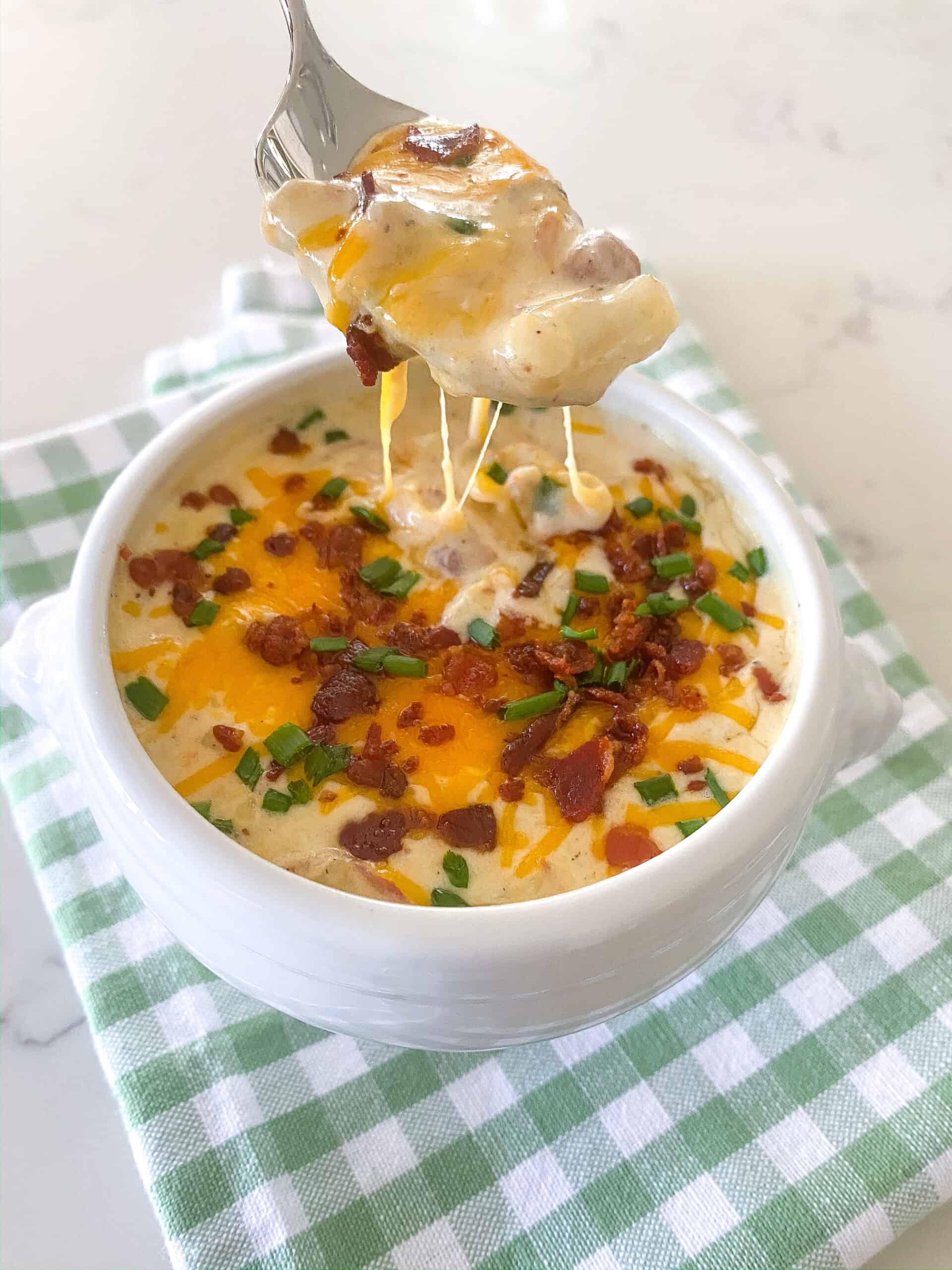 loaded baked potato soup in bowl