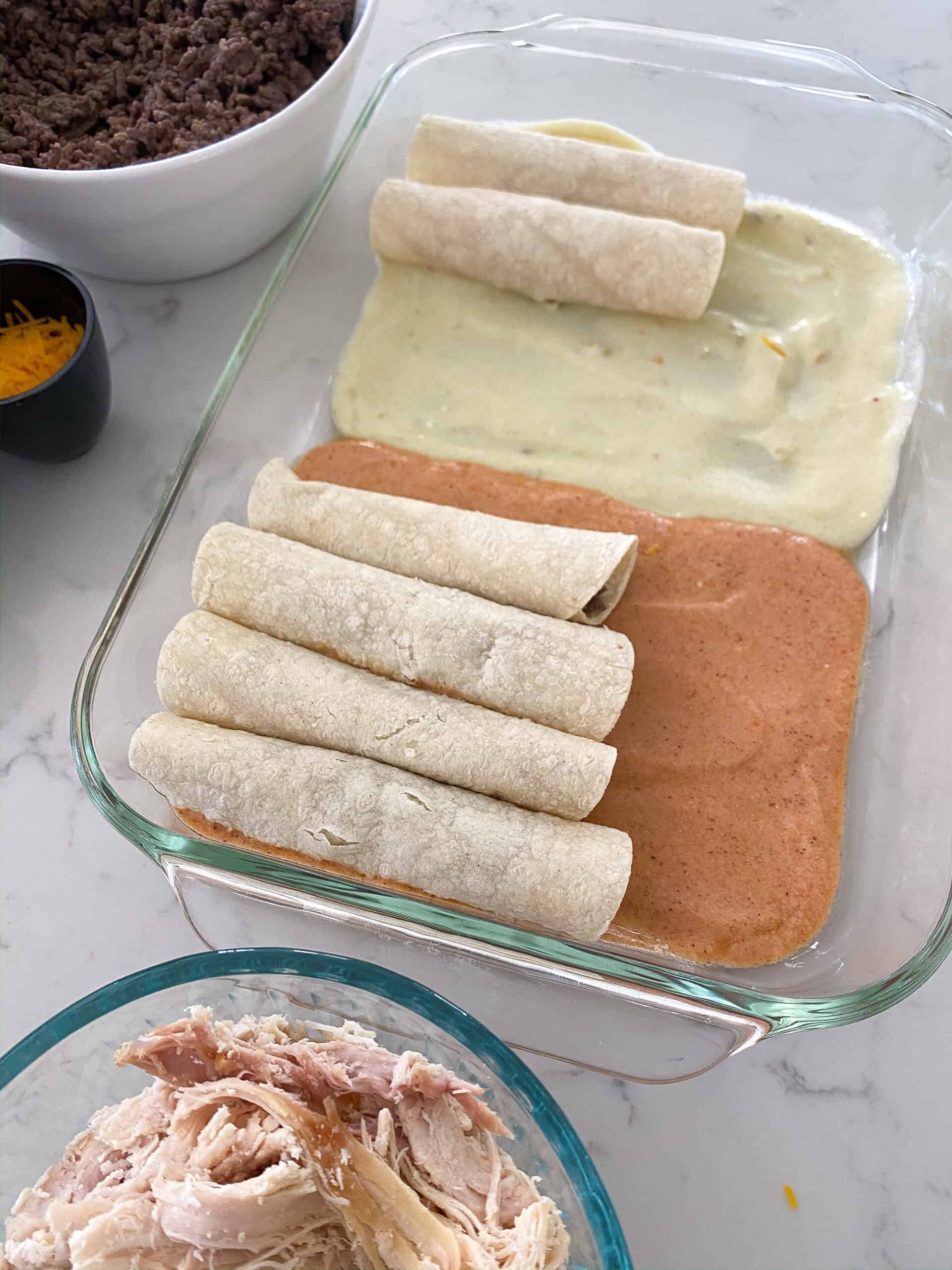 fill baking dish with rolled enchiladas
