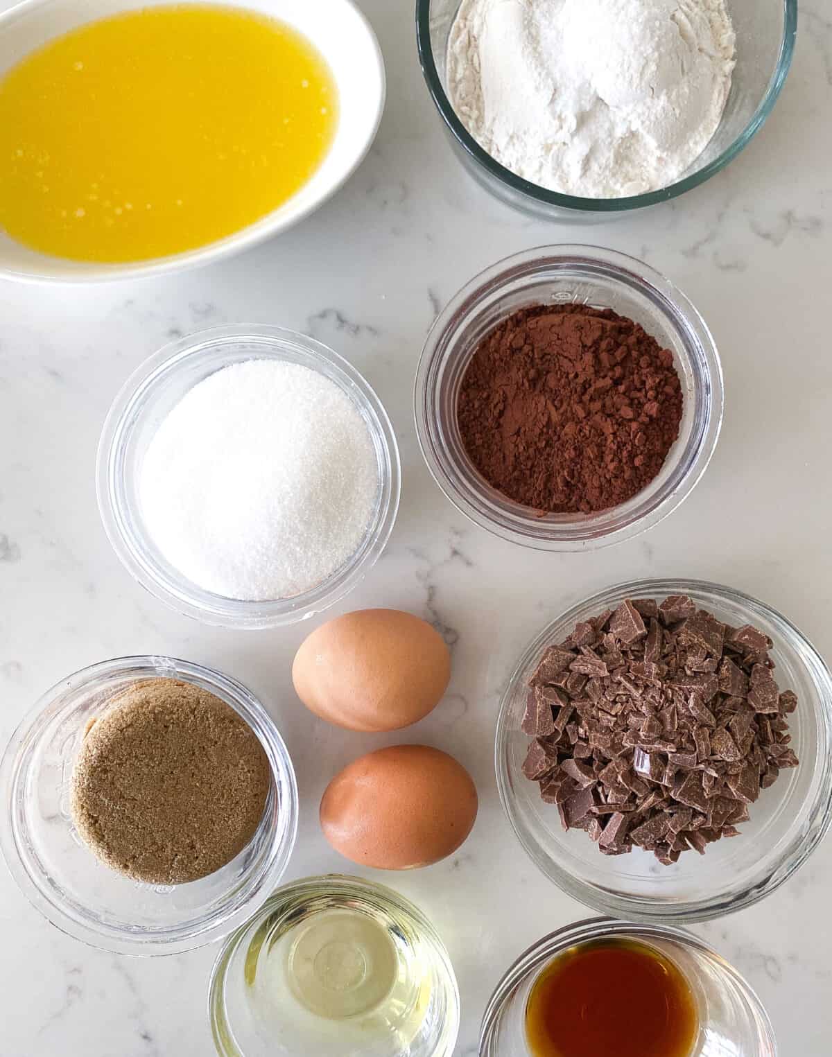 fudge brownie recipe ingredients on counter