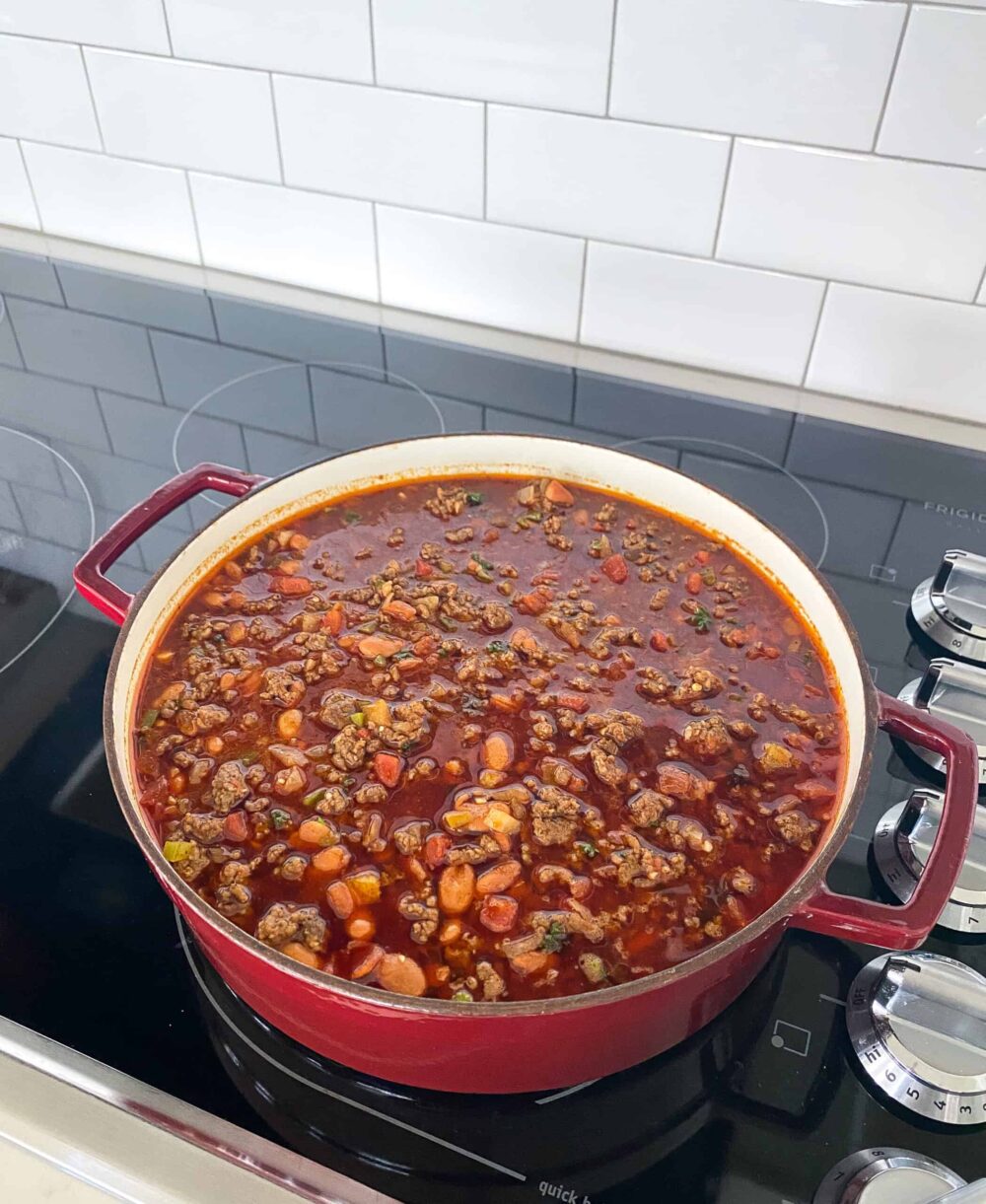 simmering chili recipe in pot