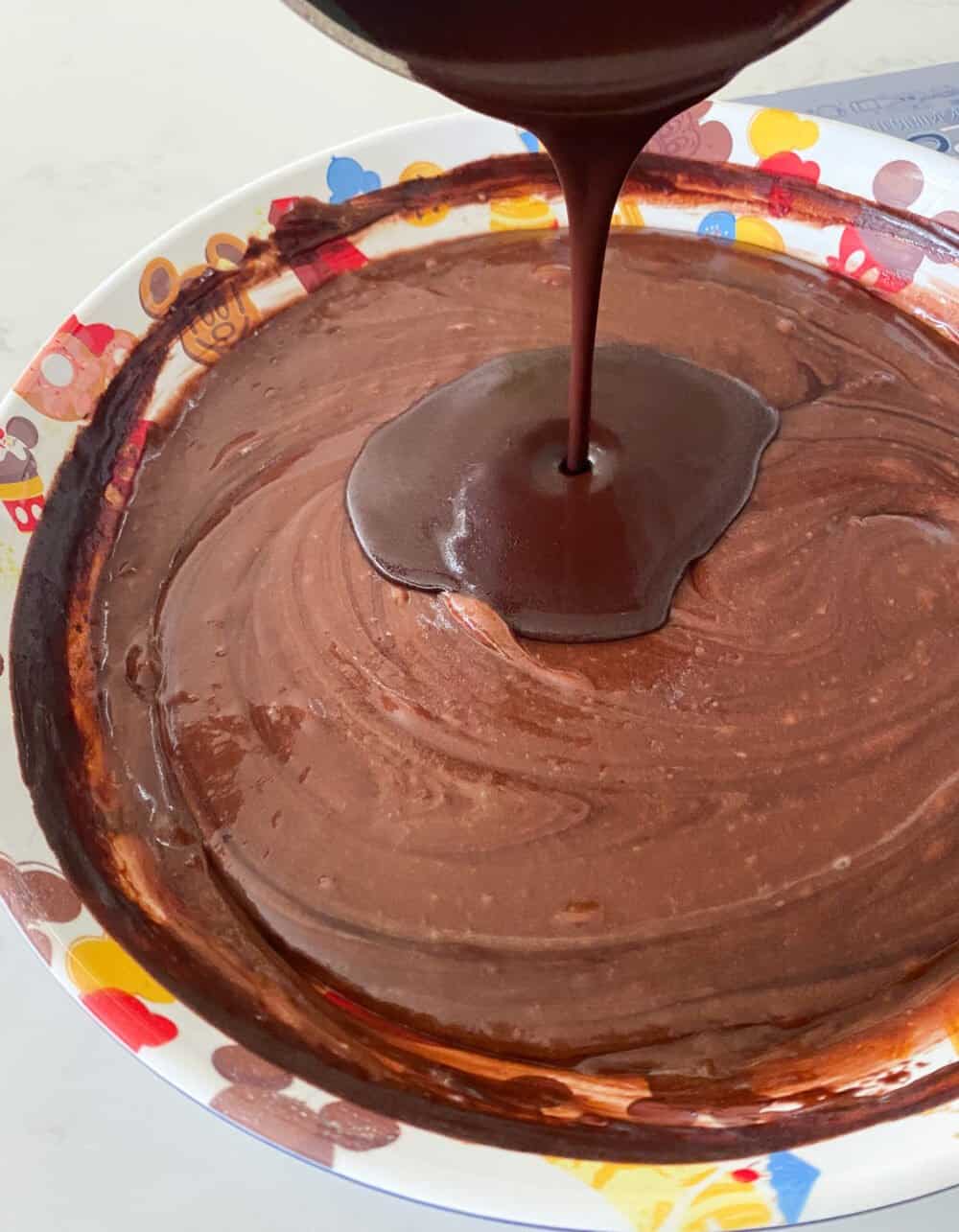 combining chocolate for texas sheet cake