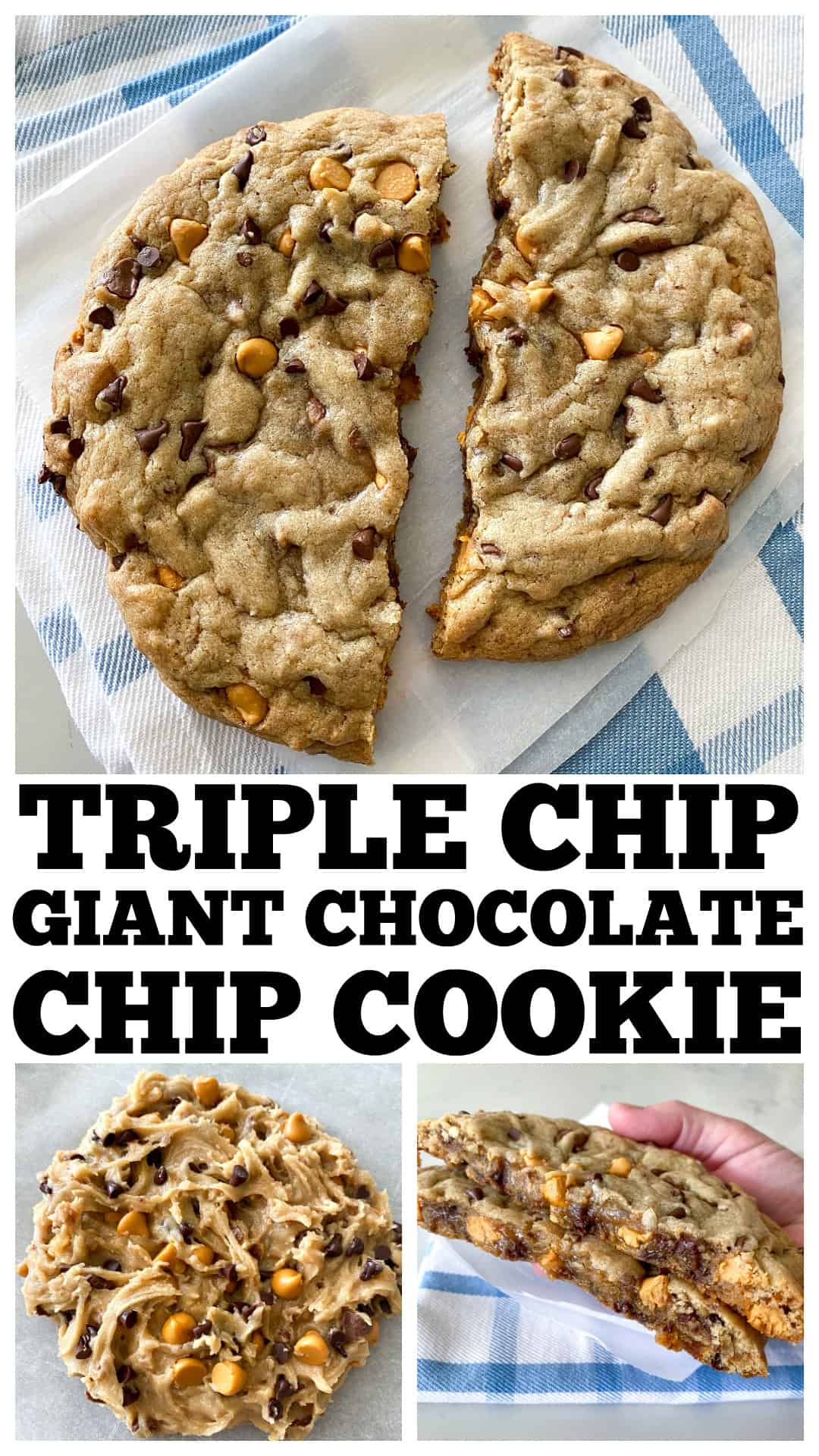 photo collage of giant chocolate chip cookie