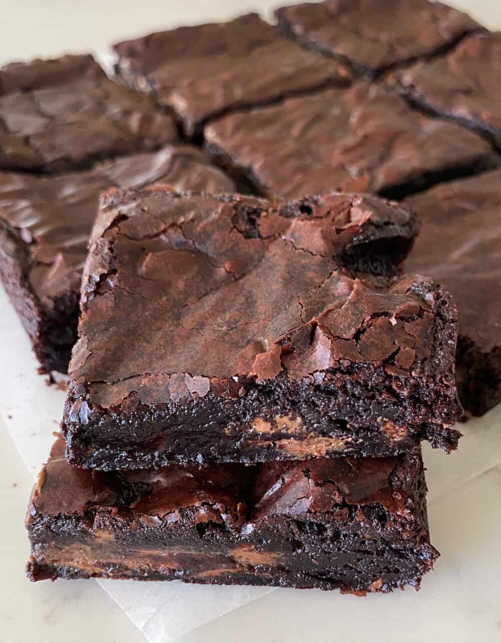baked homemade brownies cut into squares