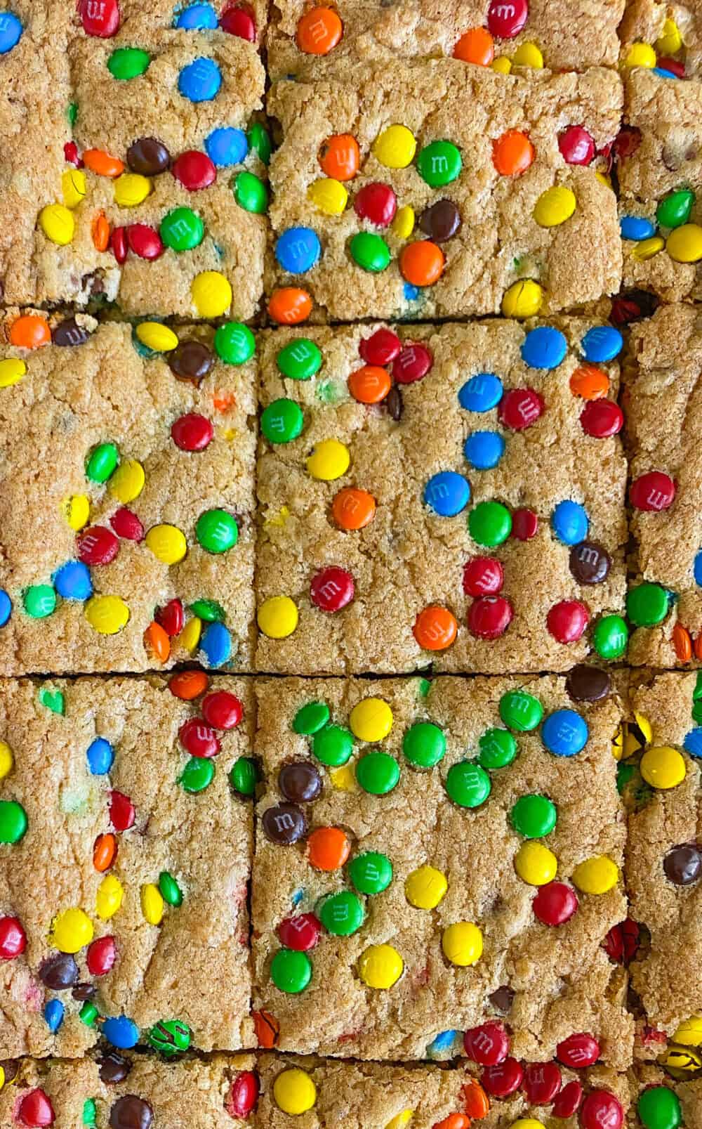 m&m cookie bars cut into squares