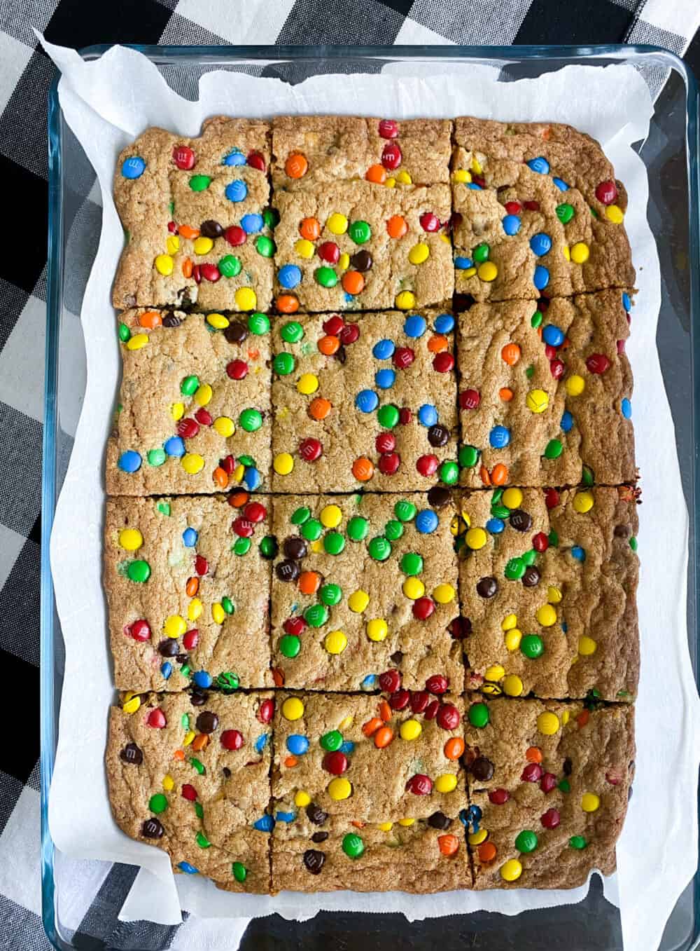 m&m cookie bars cut into squares