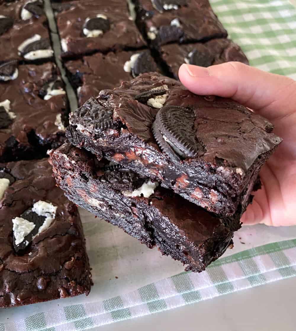 baked oreo brownies cut into squares