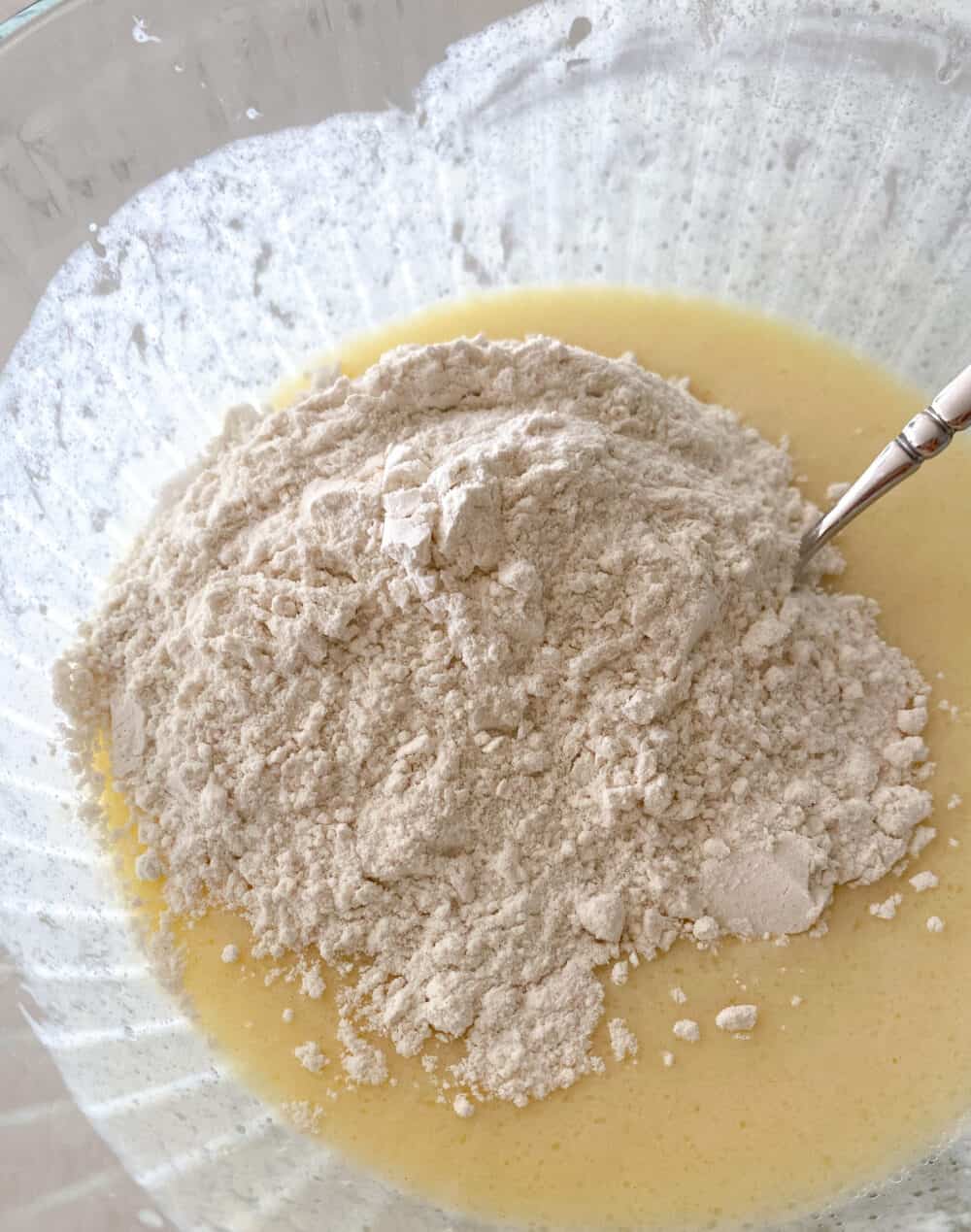 dry ingredients in mixing bowl for fluffy pancakes