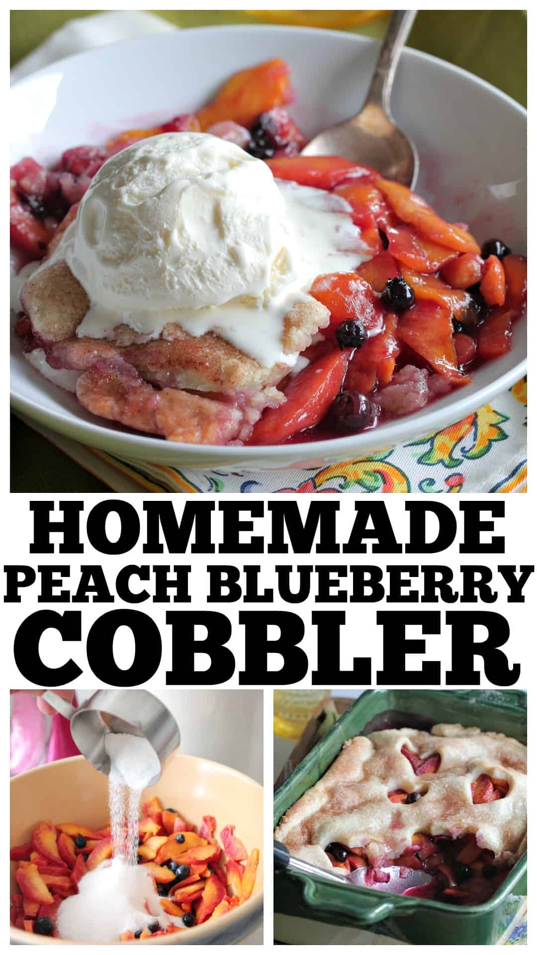 peach cobbler in serving bowl with ice cream on top