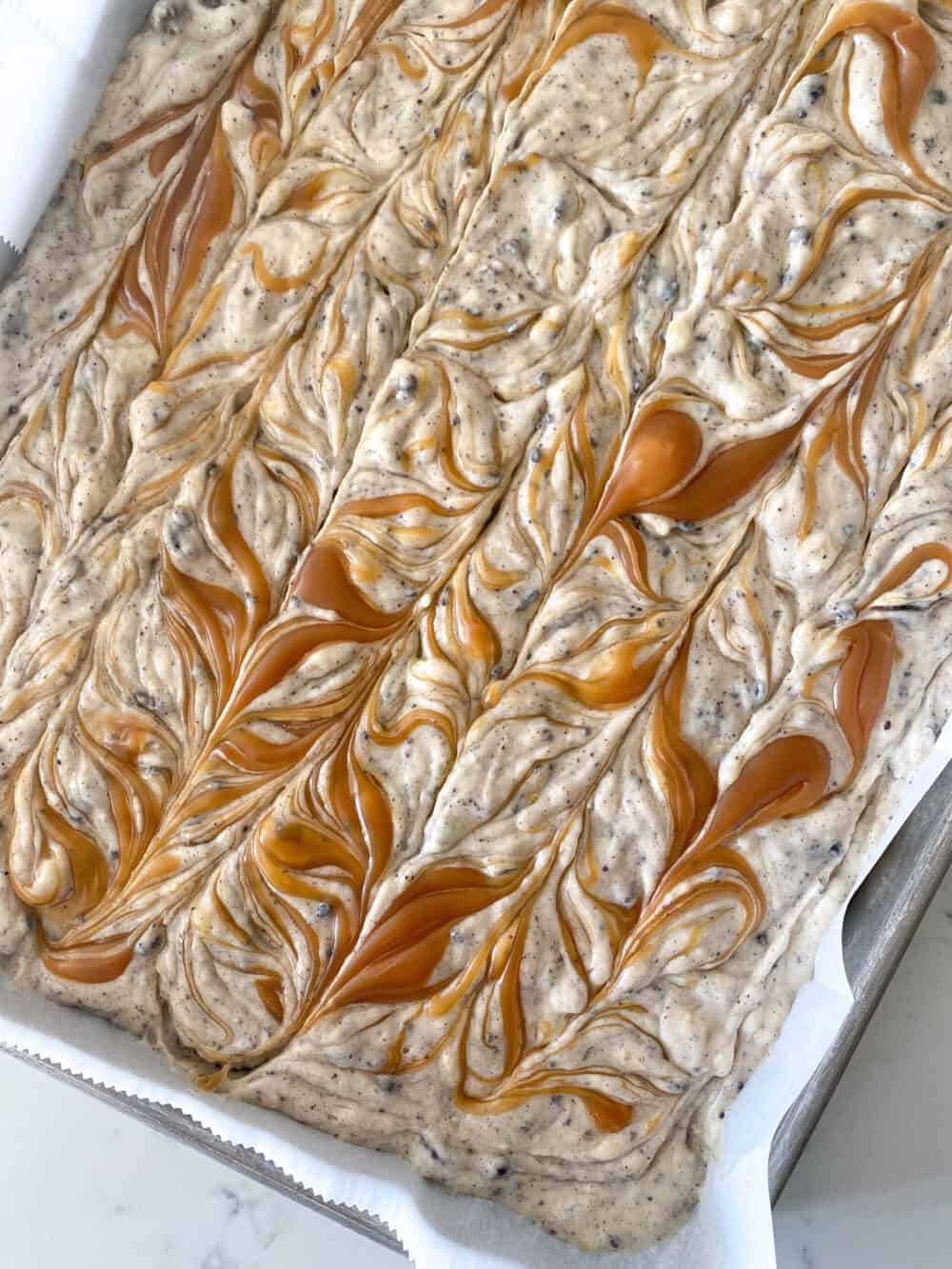 swirl caramel into sheet cake batter