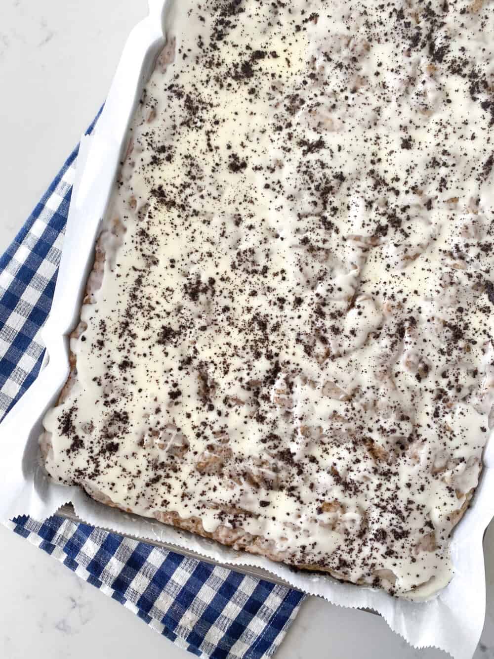 top sheet cake with cookie crumbs