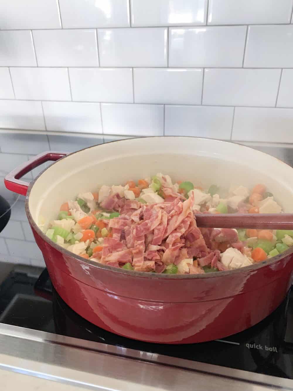 bacon added to soup pot
