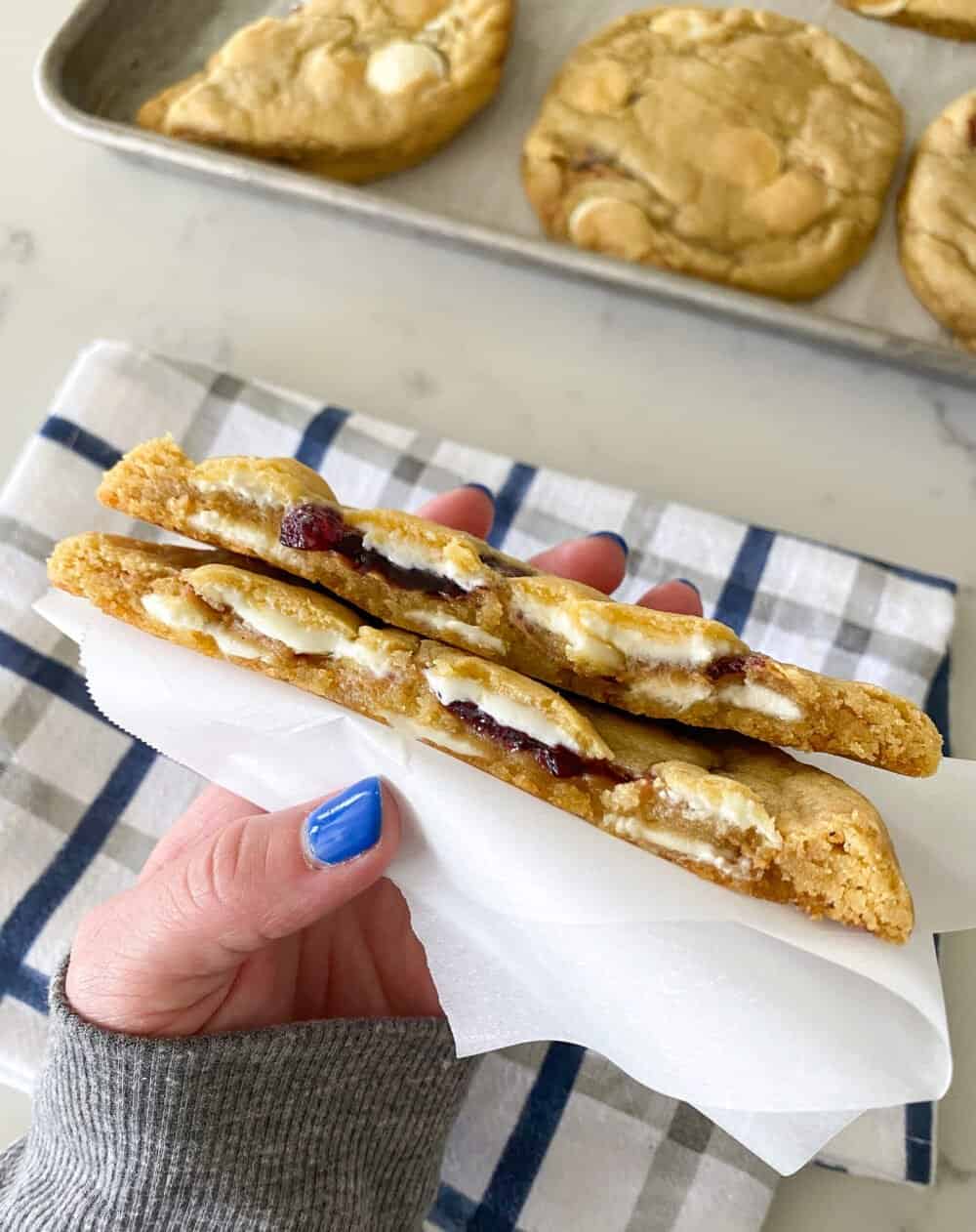 stuffed peanut butter and jelly cookies cut in half