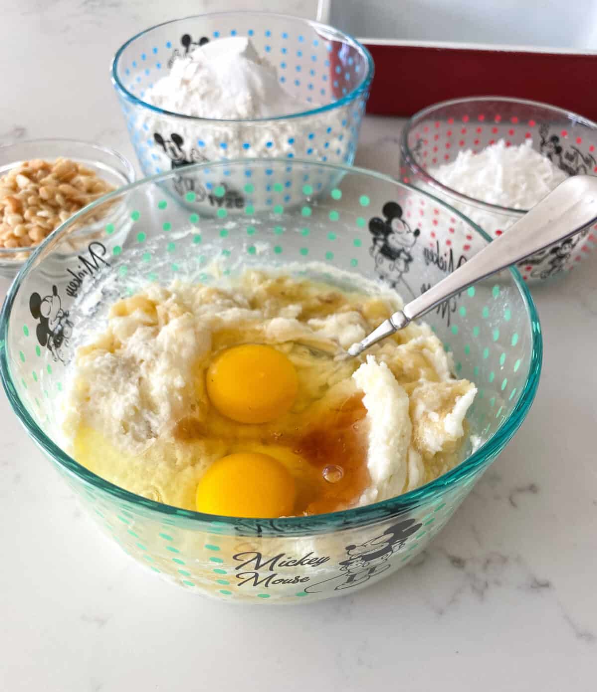 eggs added to mixing bowl for banana bread