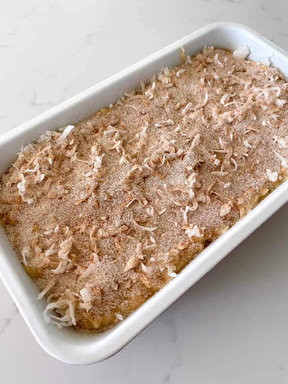 banana bread batter in loaf pan