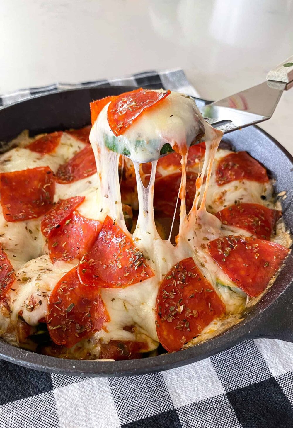 keto pizza served in cast iron skillet