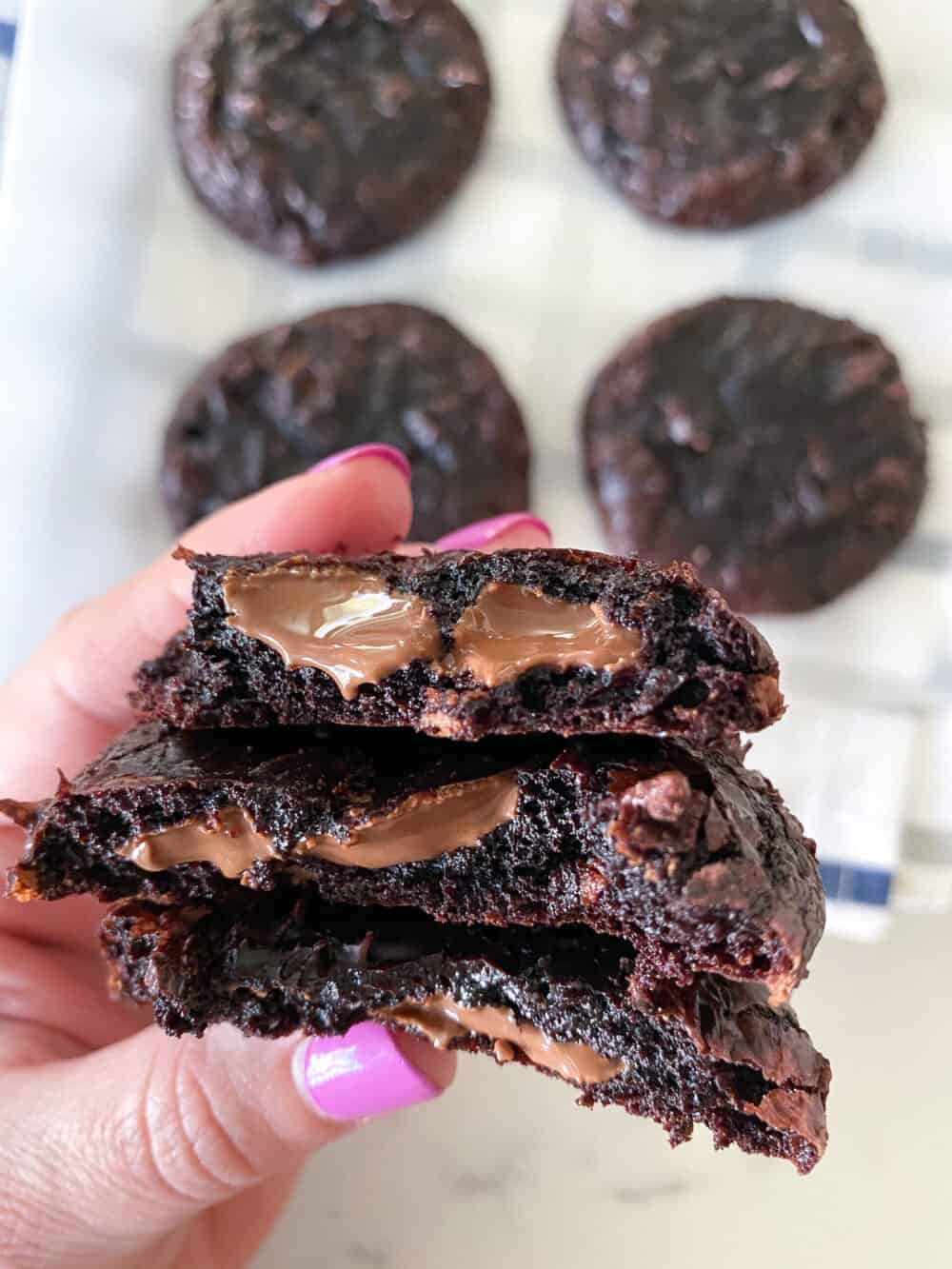 chocolate flourless cookies cut in half 