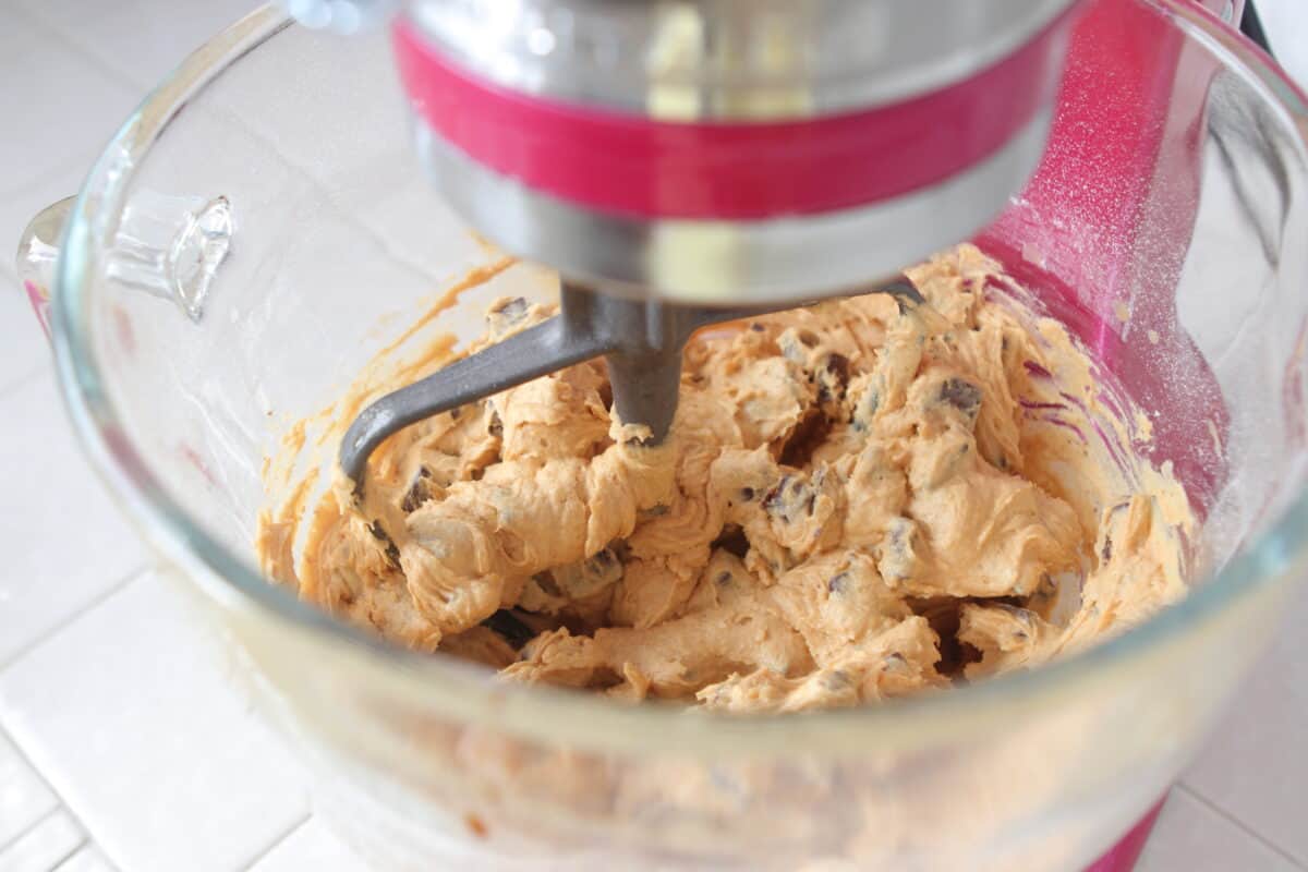 pumpkin chocolate chip cookie dough in mixer