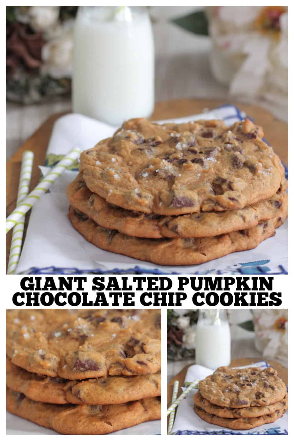 photo collage of pumpkin chocolate chip cookies