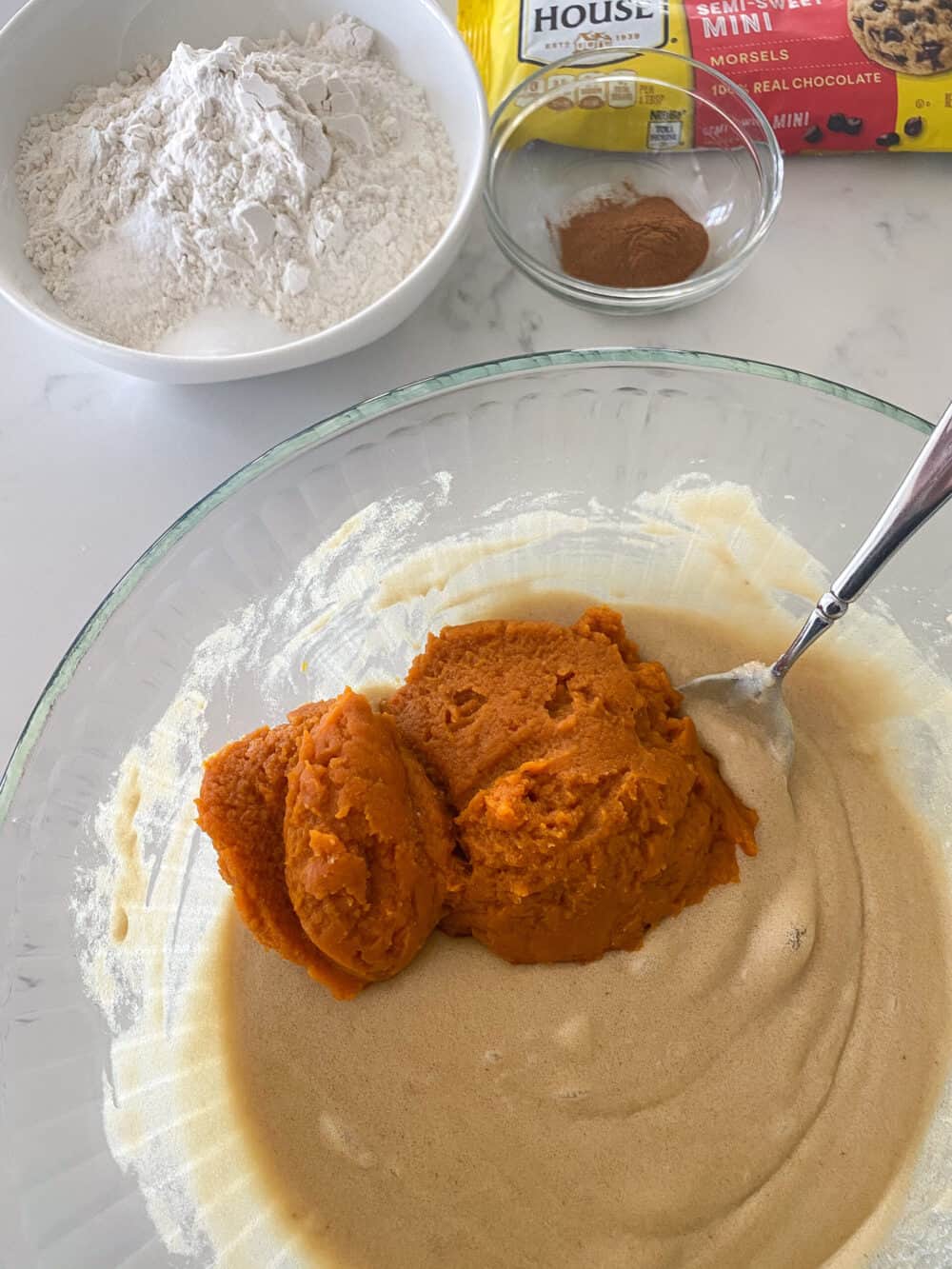 pumpkin puree added to mixing bowl