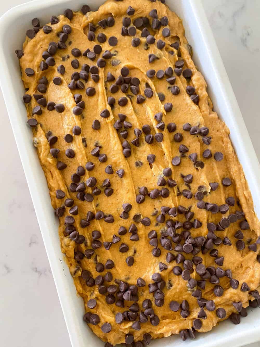 chocolate chips on top of pumpkin chocolate chip bread batter